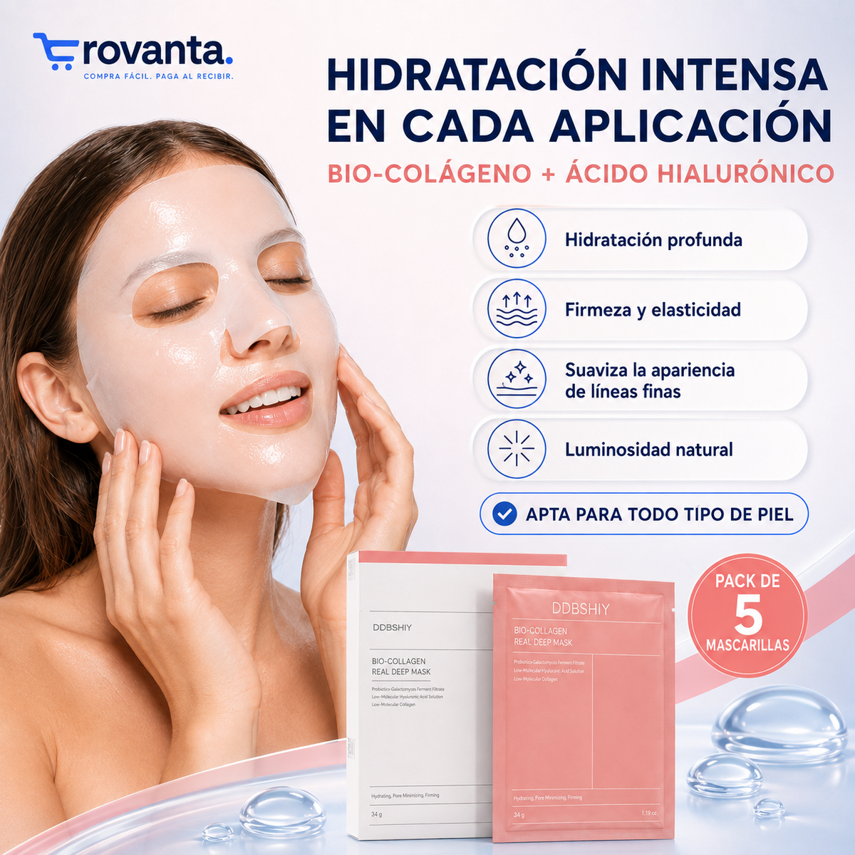 Mascarillas Faciales BIO-COLLAGEN de Hidrogel – Pack de 5 Unidades
