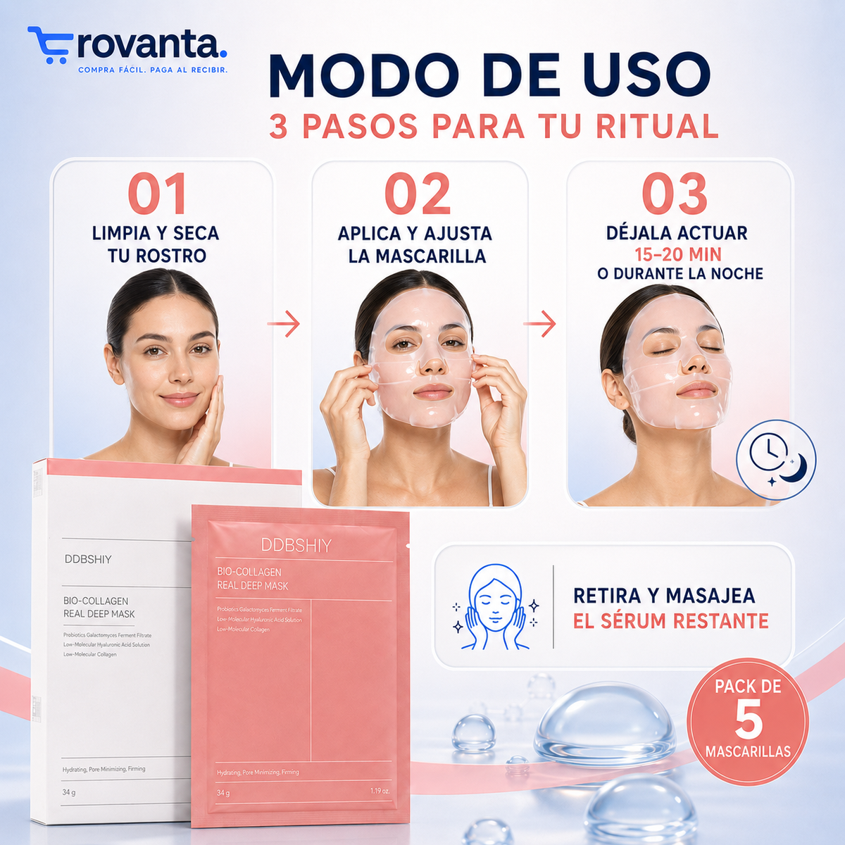 Mascarillas Faciales BIO-COLLAGEN de Hidrogel – Pack de 5 Unidades